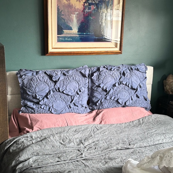 2 Anthropologie ‘Rivulets’ Ruffle Standard Pillow Shams in a dark Medallion Blue - Picture 4 of 16